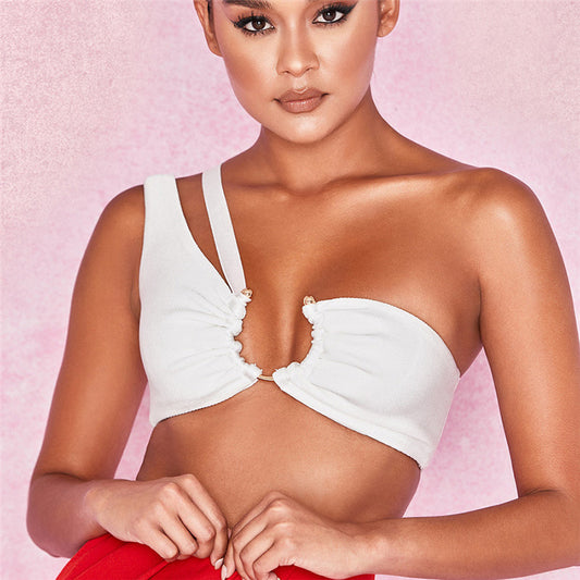 White Metal Ring One Shoulder Crop Top