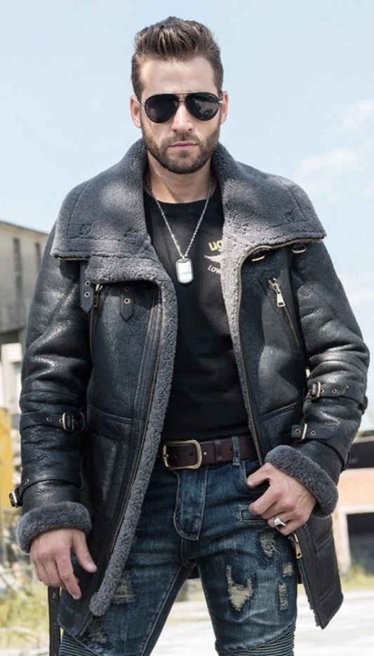 Genuine Leather Real Natural Sherling Fur Lining Mid Overcoat With Belted