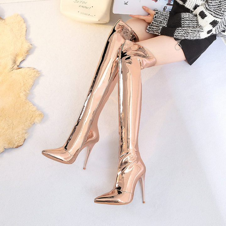 Gold Silver Metallic Over the Knee High Heel Boots