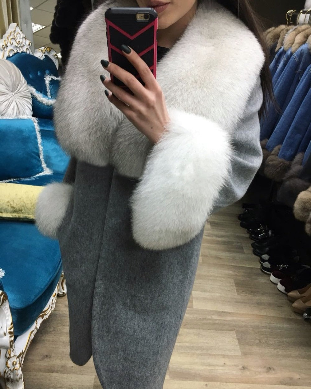 Natural Woolen With Thick Fox Fur Collar/Cuffs Coats