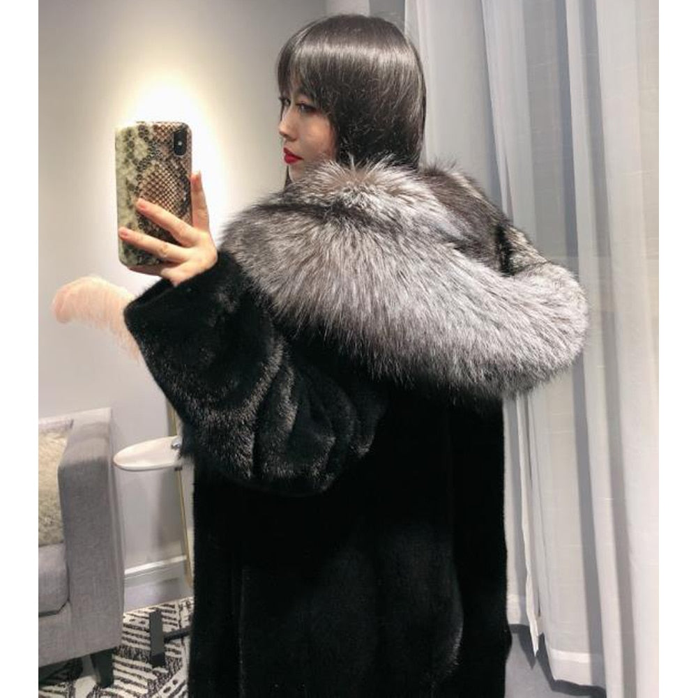 Black Mink Fur With Thick Fox Fur Hood/Collar Coat