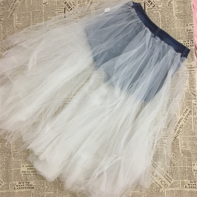 Denim Mid Waist Split Gauze Long Tutu Skirt