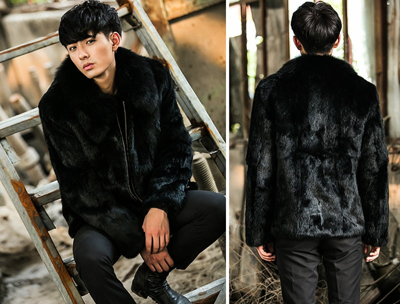 Natural Black Short Rex Rabbit Fur With Fox Fur Collar/Hood