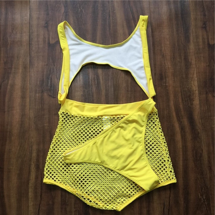 Neon Fishnet High Waisted Thong Monokini Sets