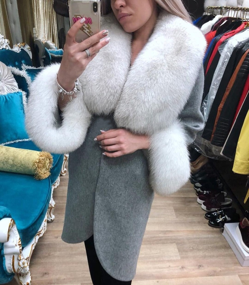 Natural Woolen With Thick Fox Fur Collar/Cuffs Coats
