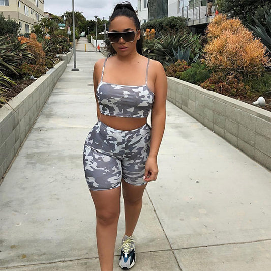Camo Print Crop Top and Biker Shorts Two Piece Set (Plus Size)