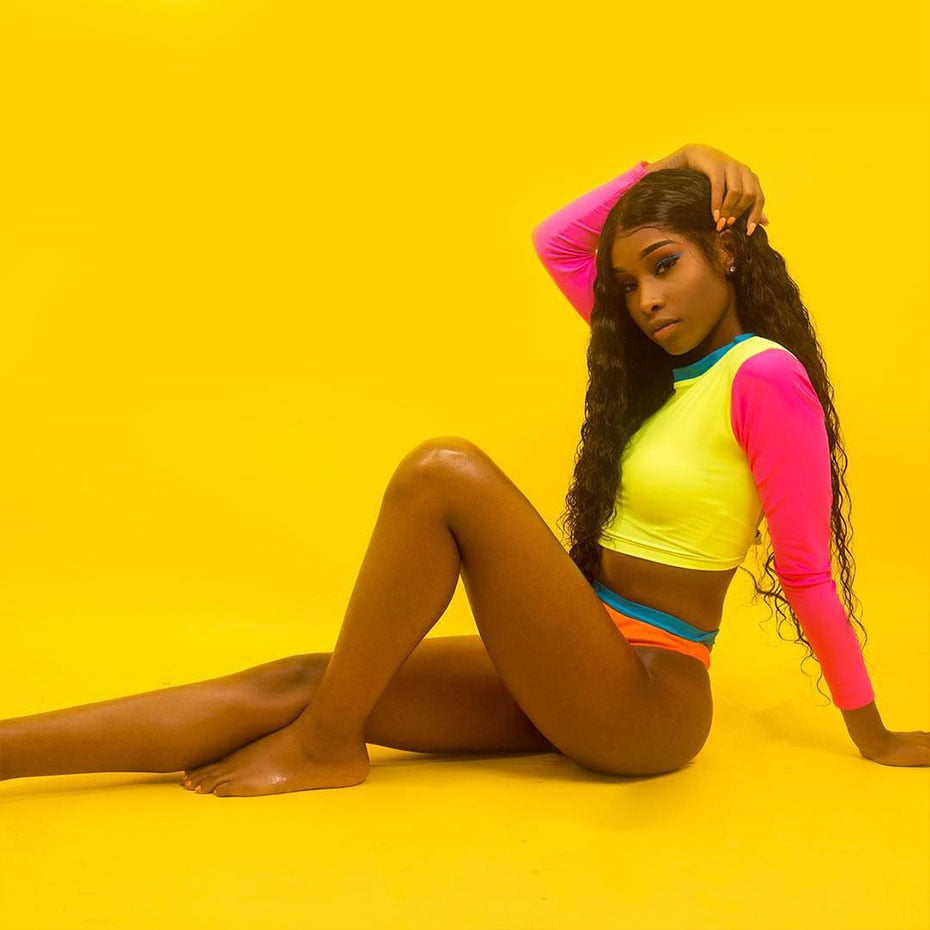 Colorful Fluorescence Long Sleeve Crop Top and Bikini Sets