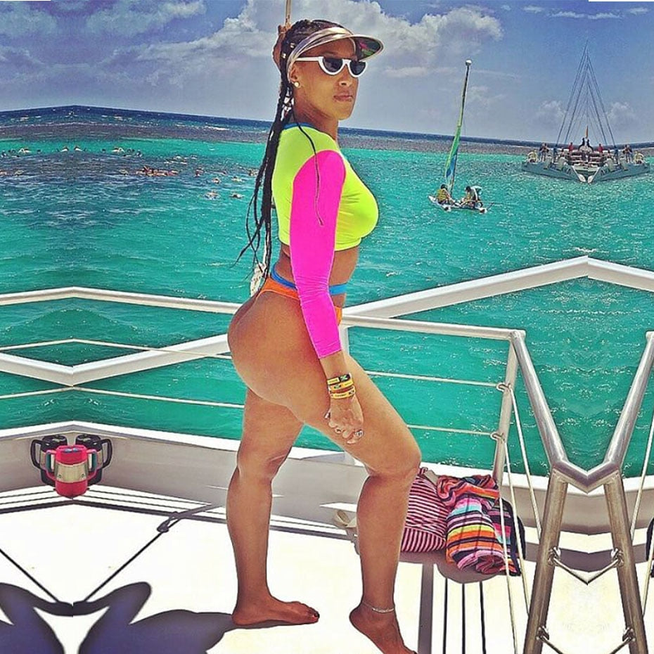 Colorful Fluorescence Long Sleeve Crop Top and Bikini Sets