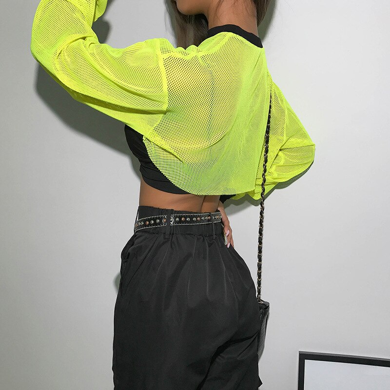 Neon Mesh Long Sleeve Micro Crop Tops