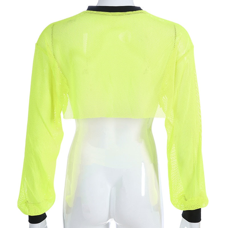 Neon Mesh Long Sleeve Micro Crop Tops