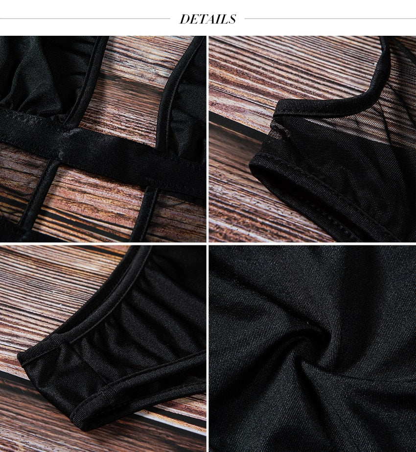 Double Belly Strap Mesh Backless Bodysuit