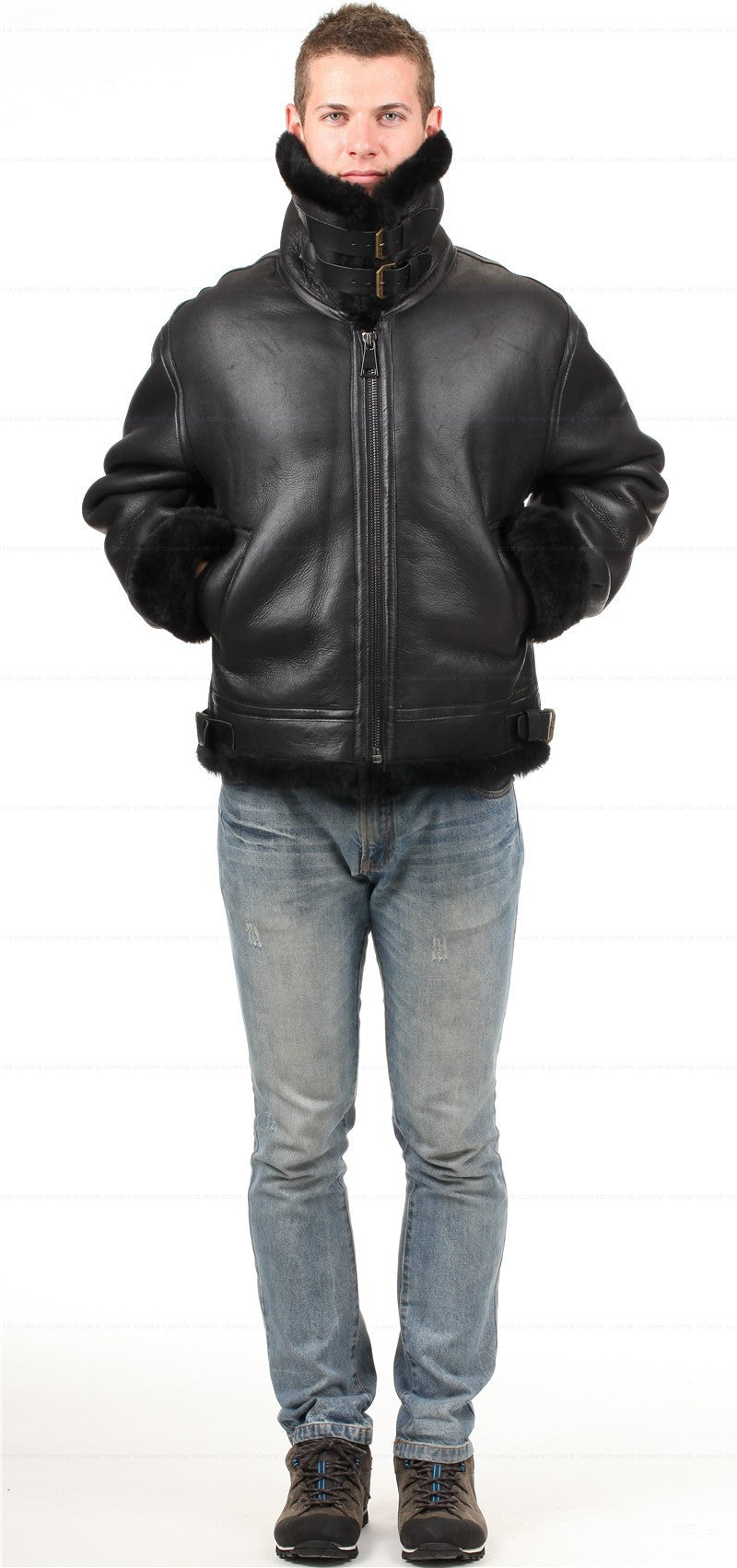 Black Genuine Leather Sherling Fur Aviation Polar Bomber Men/Women
