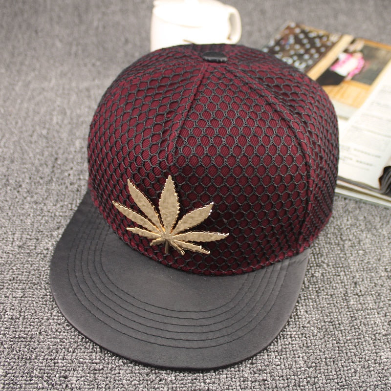 Cannabis Leaf Pu Leather Brim Snapback Hats