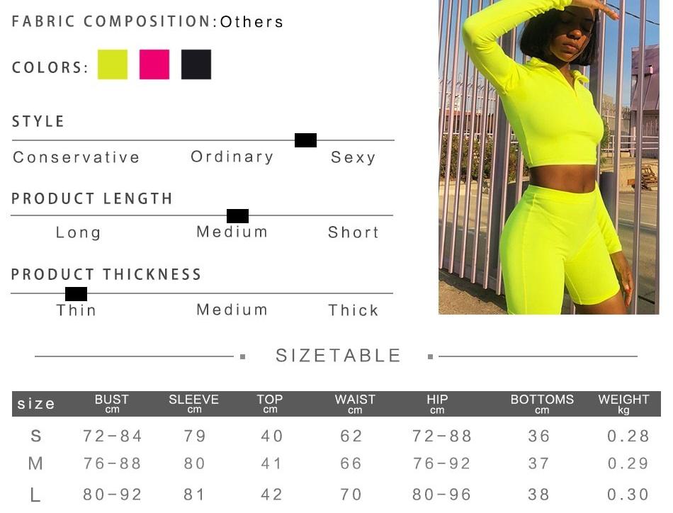 Fluorescence Long Sleeve Zipper Turtleneck Top And High Waist Shorts Sets