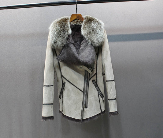 Genuine Leather Coat Fur Liner Sliver Collar