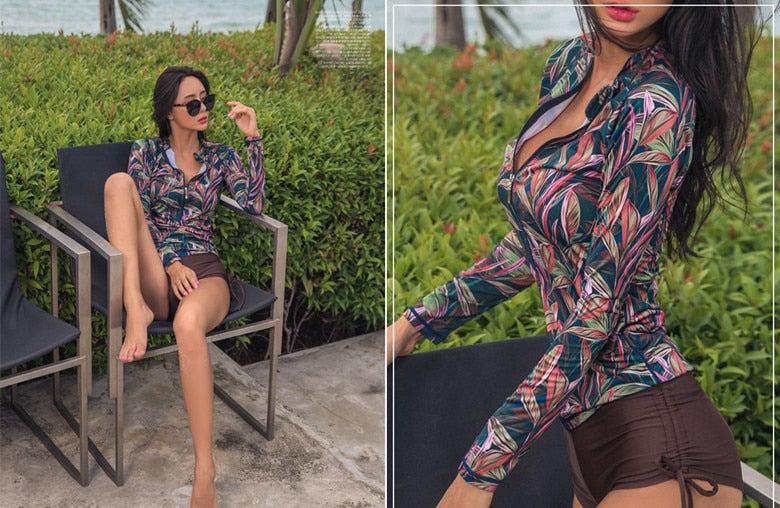 Long Sleeve Rash guard High Waist Brazilian Bikini Set