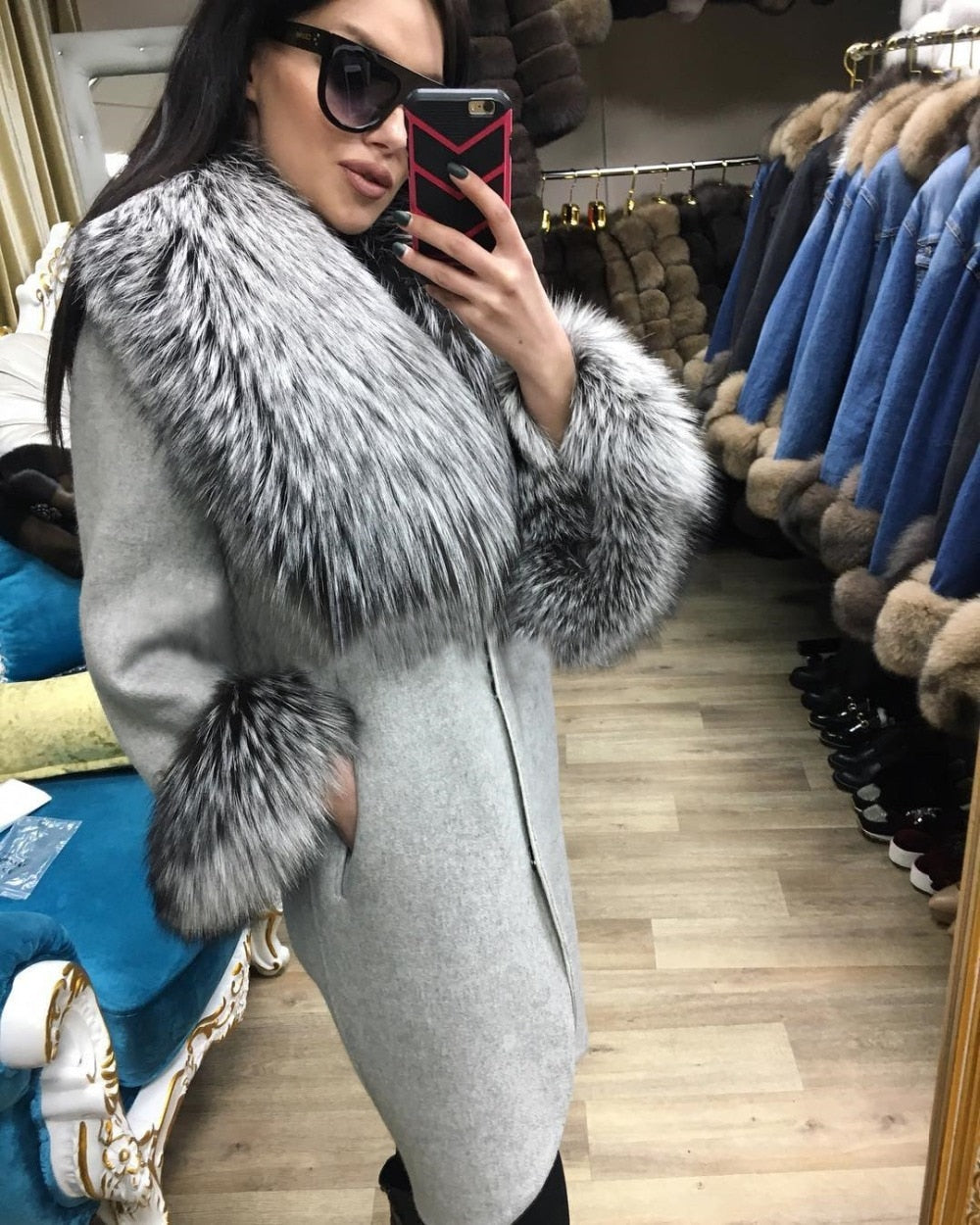 Natural Woolen With Thick Fox Fur Collar/Cuffs Coats