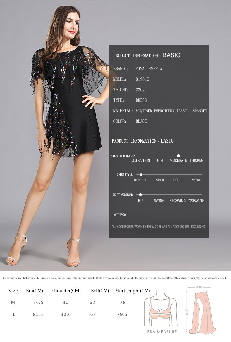 Vintage Sequin Tassel Wing Short Sleeve Black Mini Dress