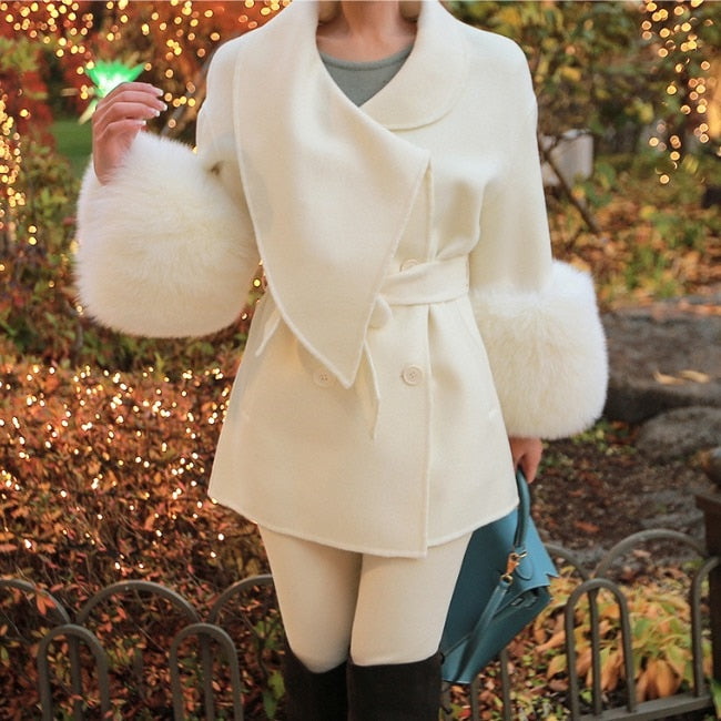Double Faced Wool Cashmere Real Fox Fur Cuffs Coats