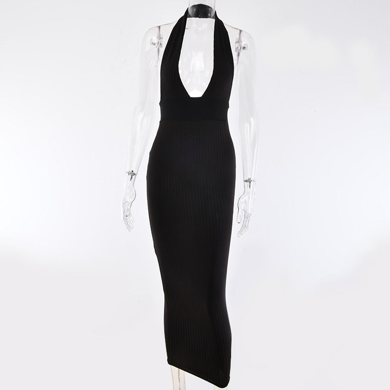 Halter Deep V Backless Pencil Long Bodycon Dresses