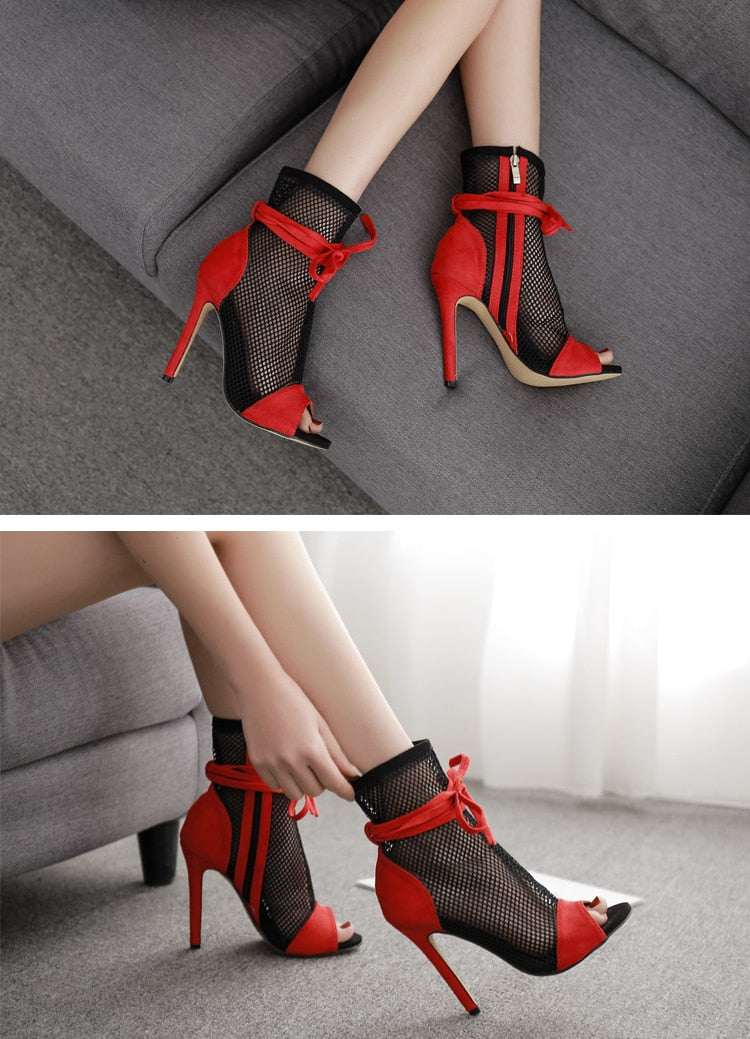 Red & Black Peep-toe Stiletto Bandage Ankle Boots
