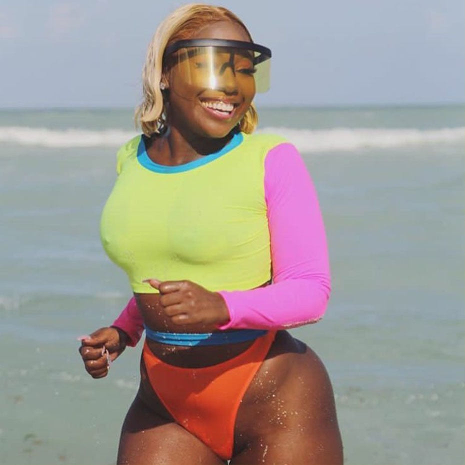 Colorful Fluorescence Long Sleeve Crop Top and Bikini Sets