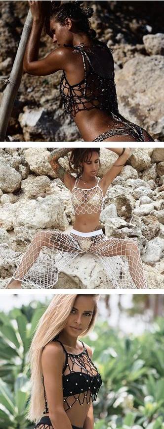 Fishnet Hollow Knitted Bead Tank Top and Loose Pants