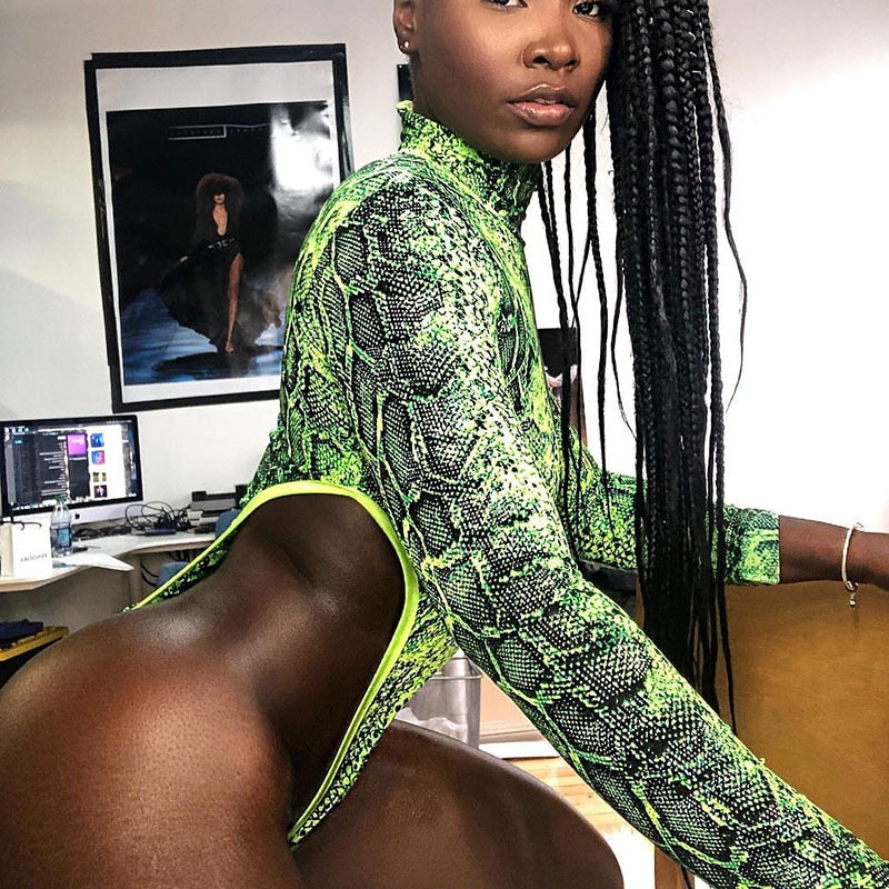 Neon Green Snake Print Long Sleeve High Cut One Pcs
