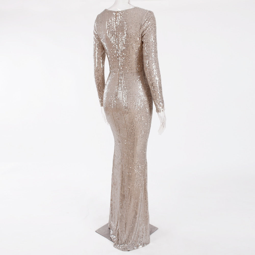 Sequin Stretchy Long Sleeve Maxi Dresses