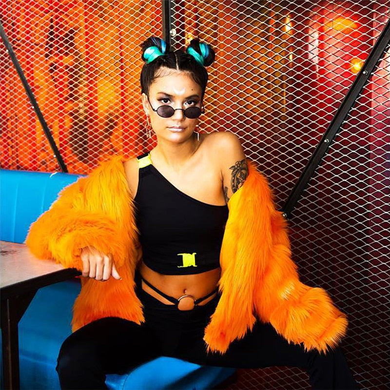 One Shoulder Buckle Neon Crop Tops