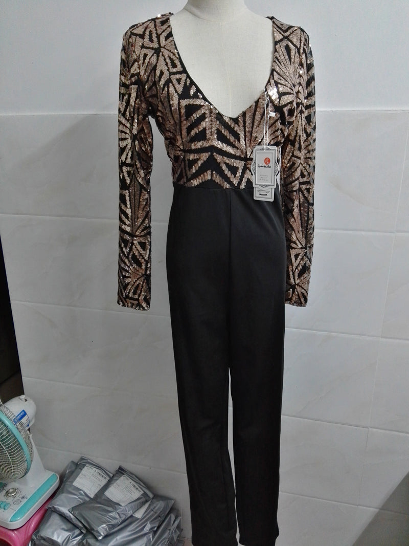 Gold Sequins Deep V Long Sleeve Jumpsuit