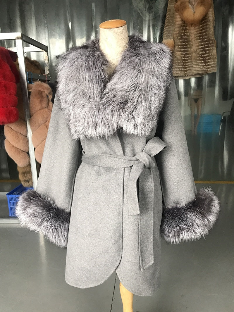 Natural Woolen With Thick Fox Fur Collar/Cuffs Coats