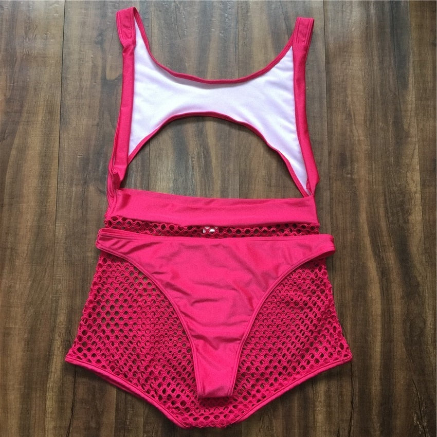 Neon Fishnet High Waisted Thong Monokini Sets