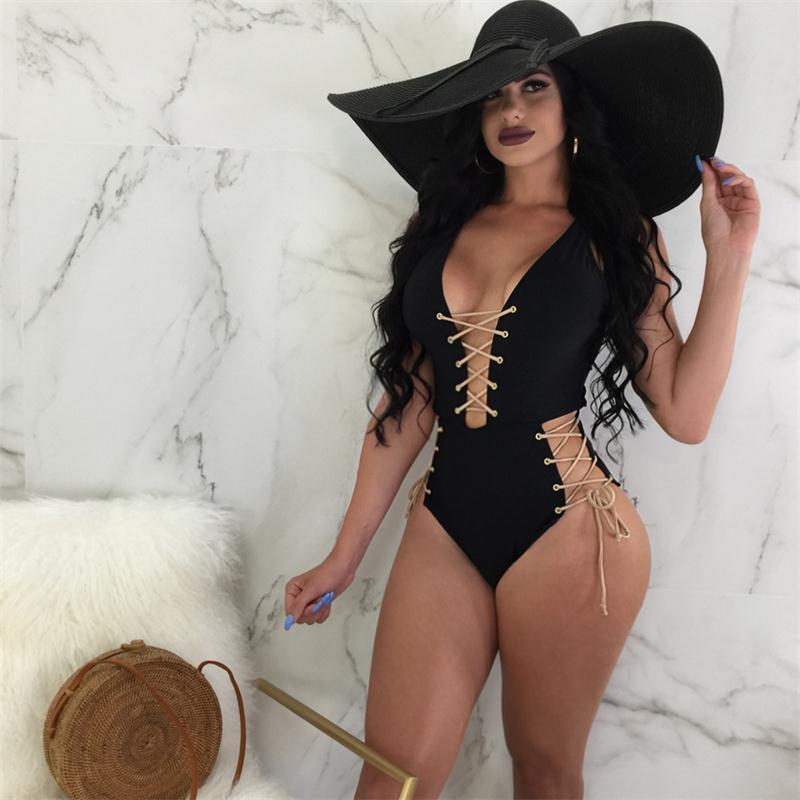 Side Waist Tie Lace Up Hollow One Piece Swimsuits