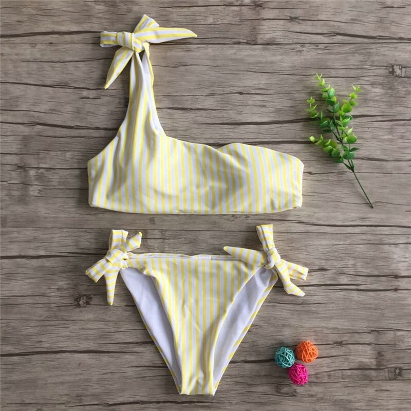 One Shoulder Striped Bikini Sets