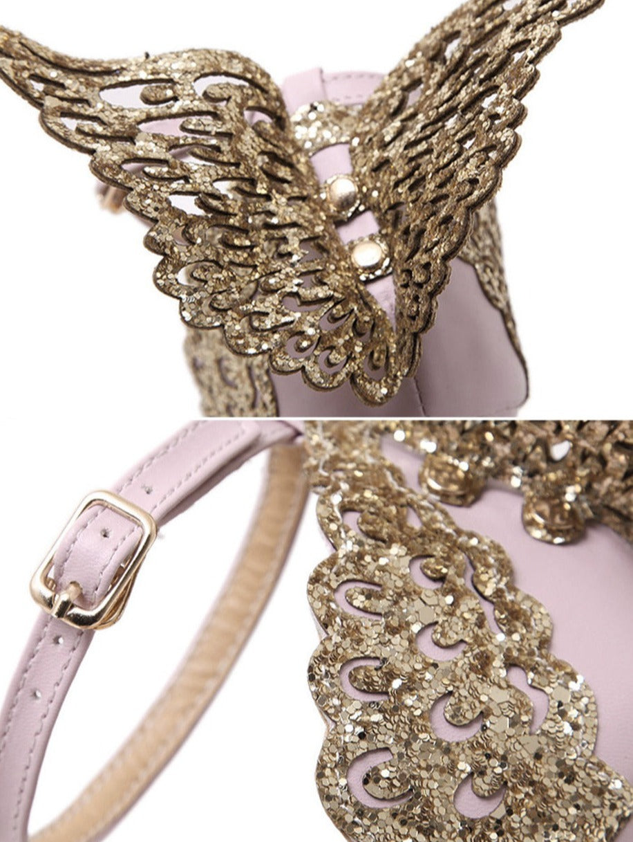 Butterfly Wings Open Toe Buckle Strap High Heels Pink/Silver