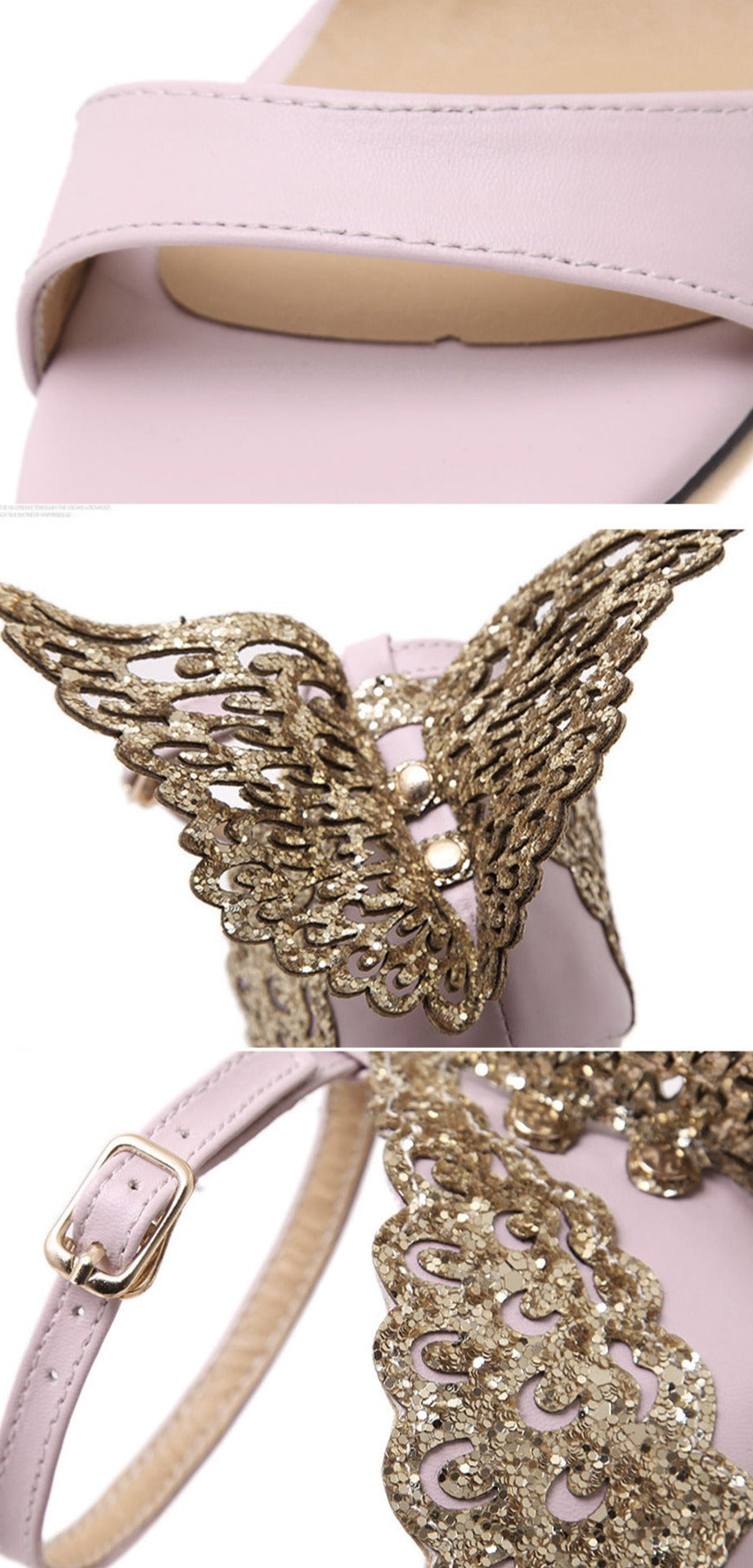 Butterfly Wings Open Toe Buckle Strap High Heels Pink/Silver