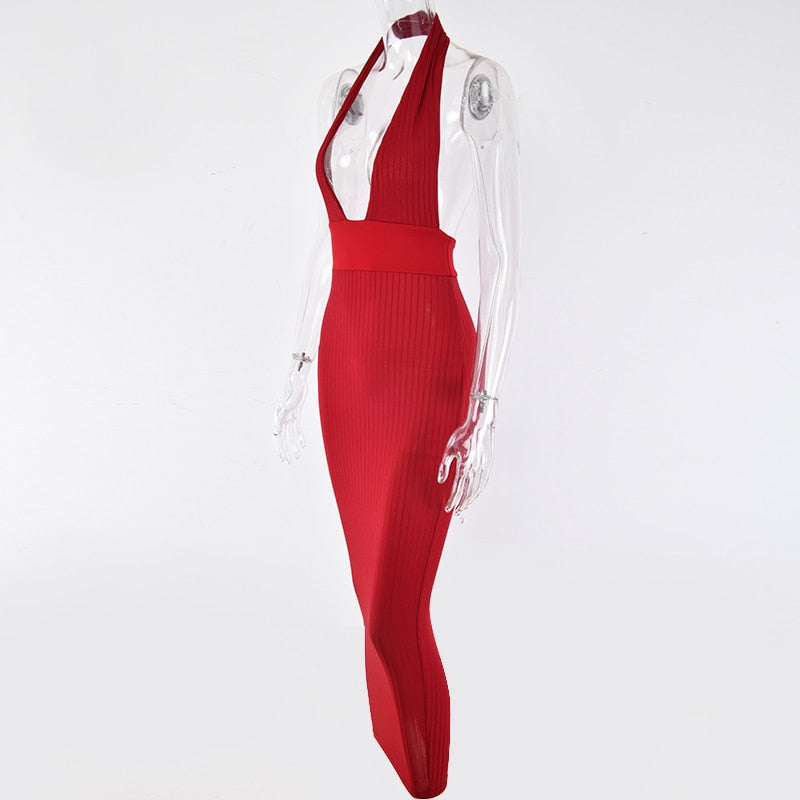 Halter Deep V Backless Pencil Long Bodycon Dresses