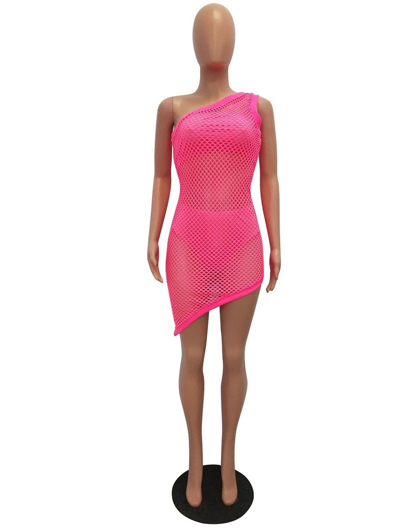 Neon Fishnet One Shoulder Bodycon Dresses 3 Pcs Sets