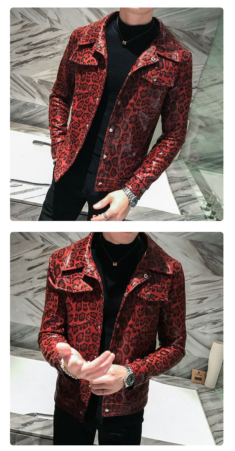 Leopard Print Slim Pu Leather Jackets