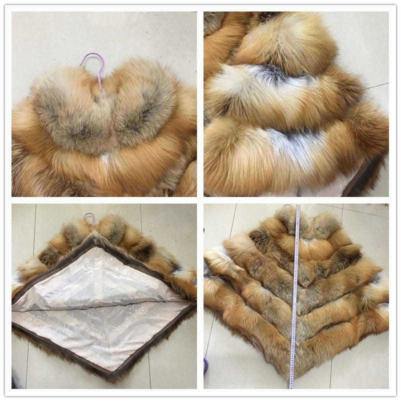 Gold Red Fox Fur Thick Collar Cape Overcoat