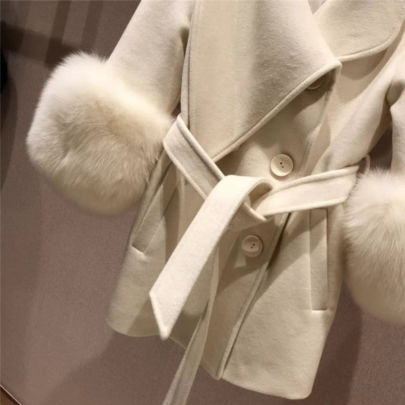 Double Faced Wool Cashmere Real Fox Fur Cuffs Coats