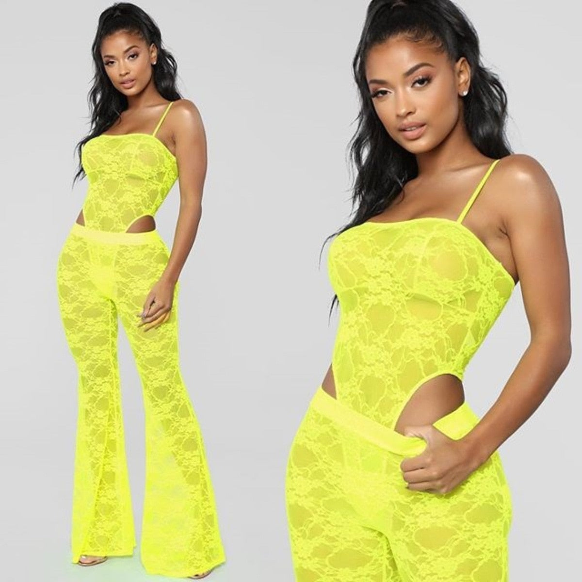 See Through Lace Bodysuit and Matching Flare Pants Sets