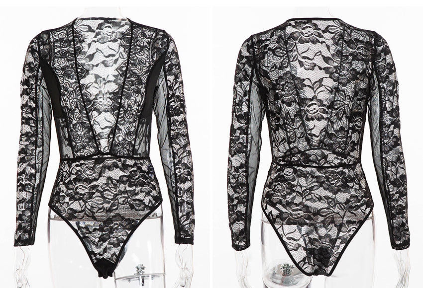 Lace Deep V Neck Patchwork Mesh Bodysuits