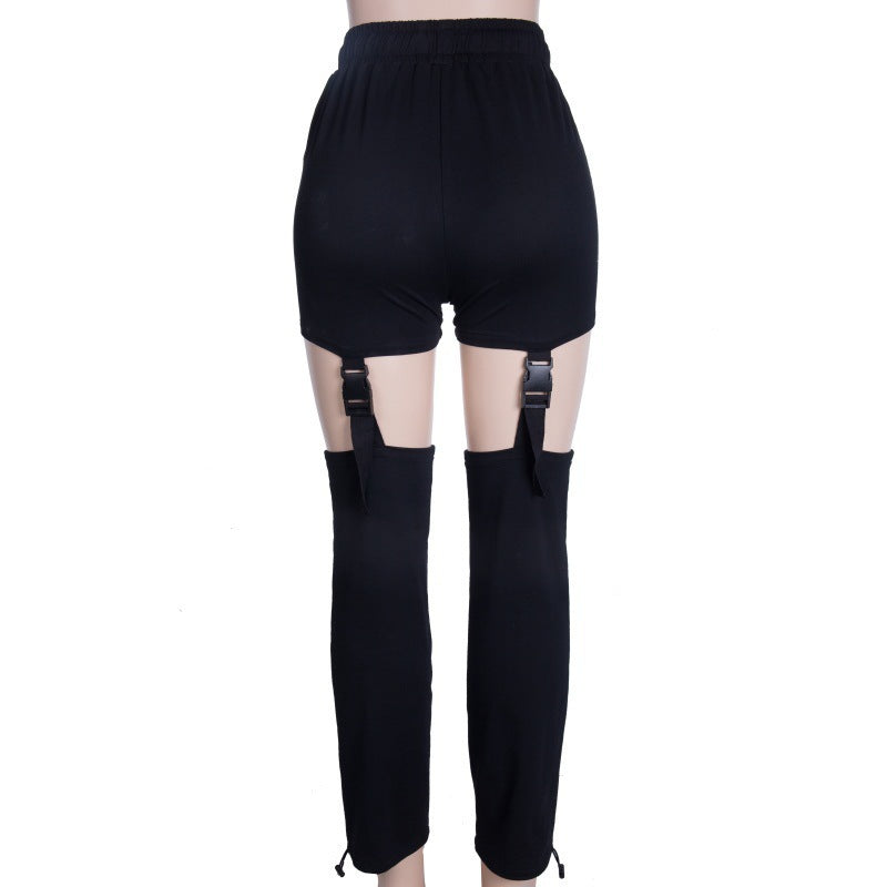 Black High Waist Hollow Thigh Buckle Long Loose Pants
