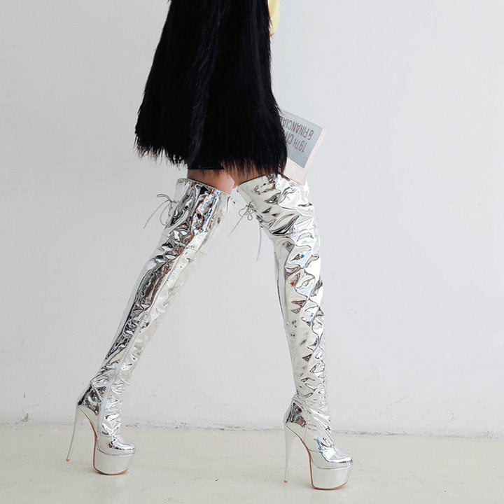 Metallic Silver Thigh High Thin High Heel Platform Boots