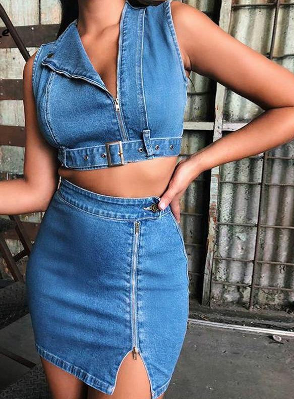 Denim Zipper Sleeveless Crop Top and Skirt Set