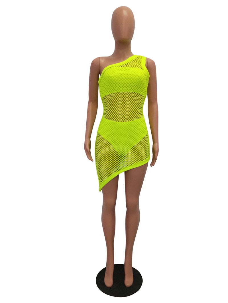 Neon Fishnet One Shoulder Bodycon Dresses 3 Pcs Sets