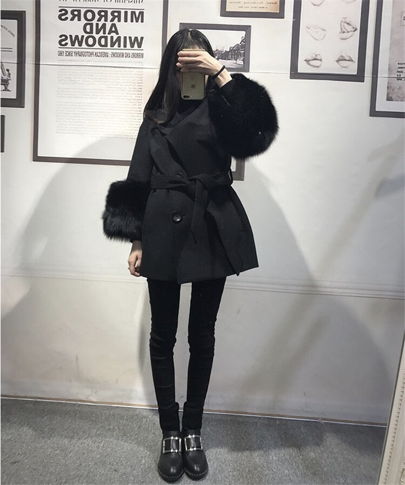 Double Faced Wool Cashmere Real Fox Fur Cuffs Coats