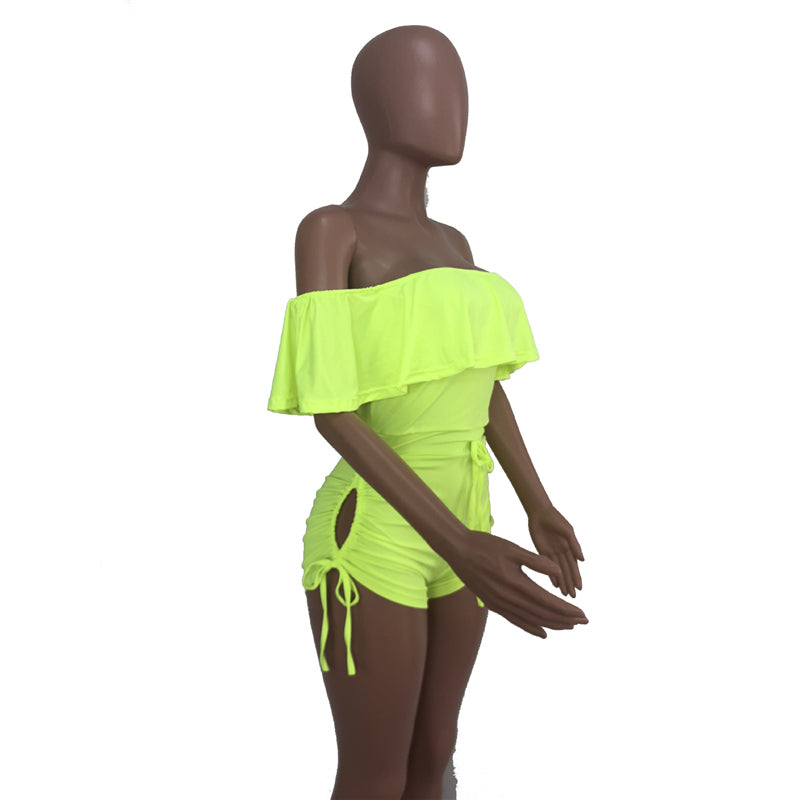 Drape Ruffle Off Shoulder Hollow Side Rompers